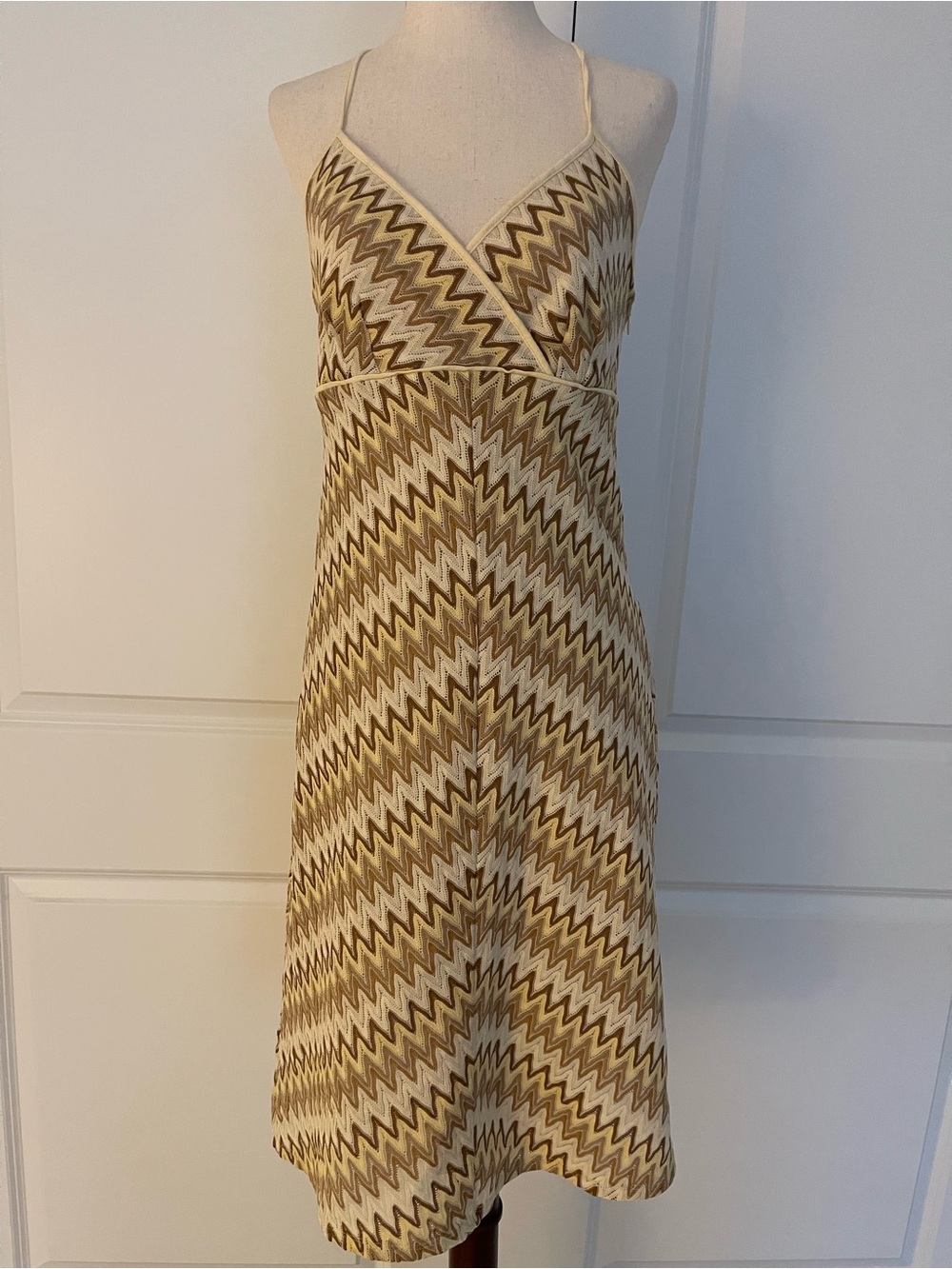LOFT Zigzag Spaghetti-Strap Midi Dress in Cream and Brown Tones